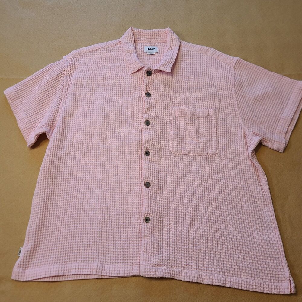Obey Collared Waffle Knit Button Up Short Sleeve Shirt Classy Streetware